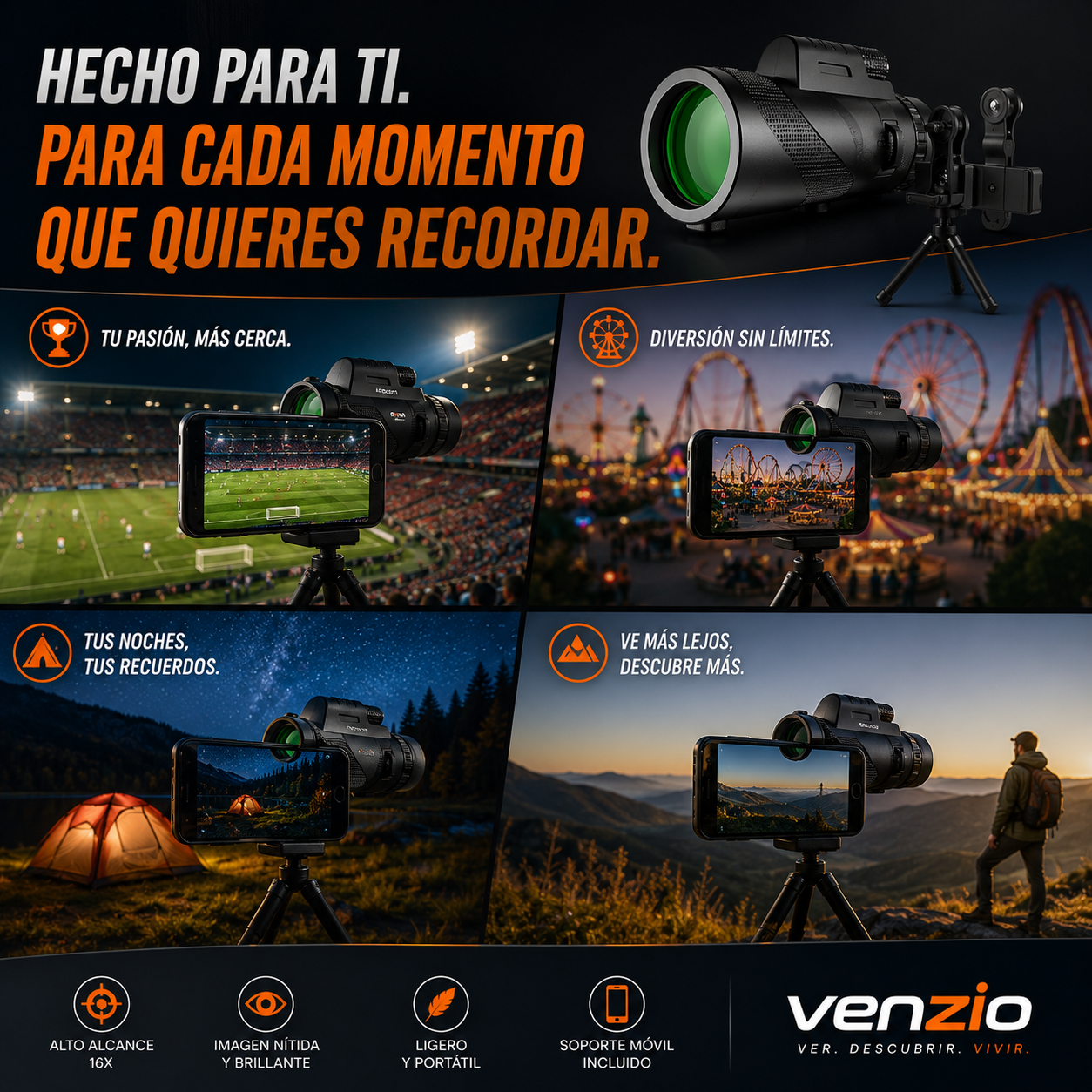 Telescopio Monocular con Soporte para Movil