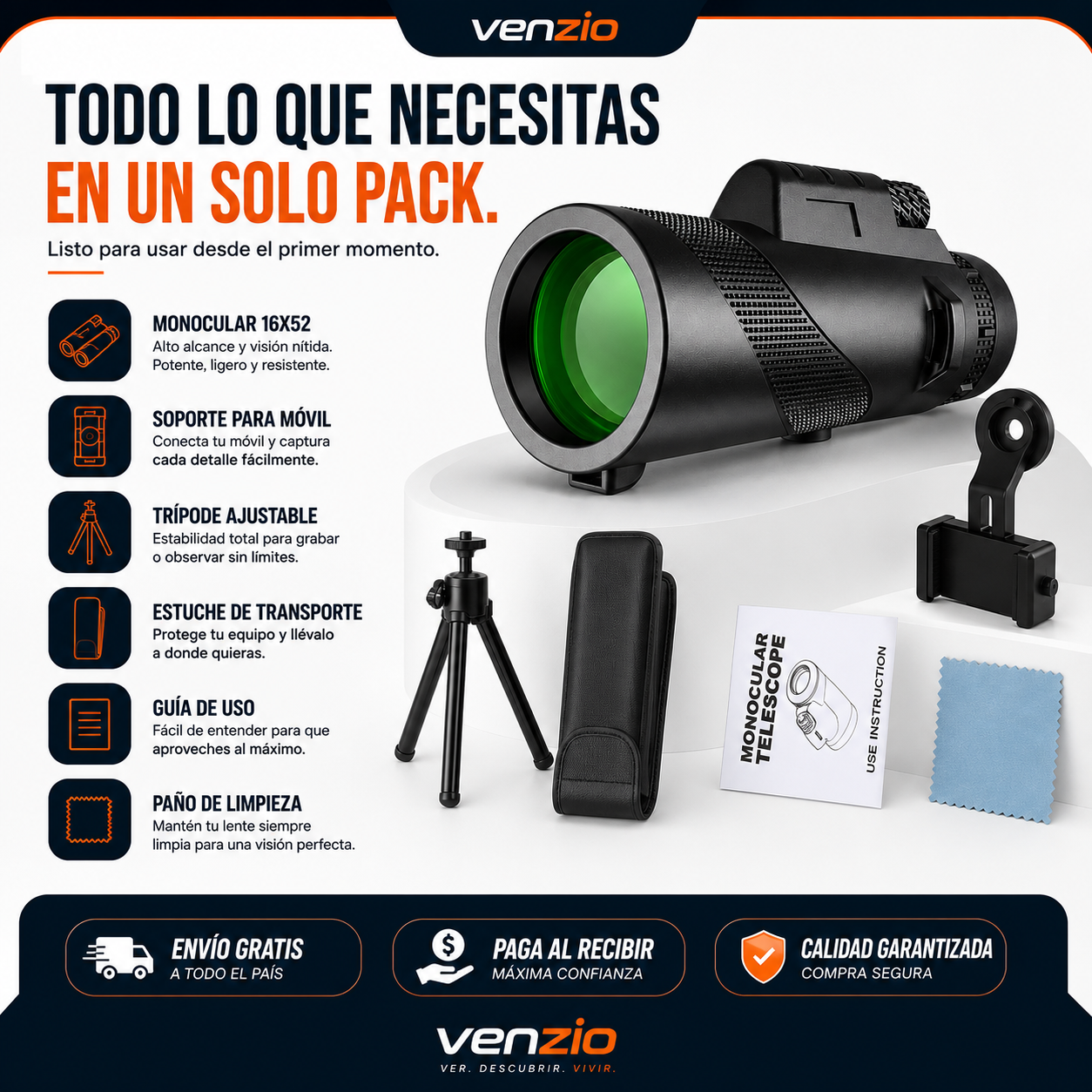 🔭 Telescopio Monocular 16x52 con Soporte para Móvil
